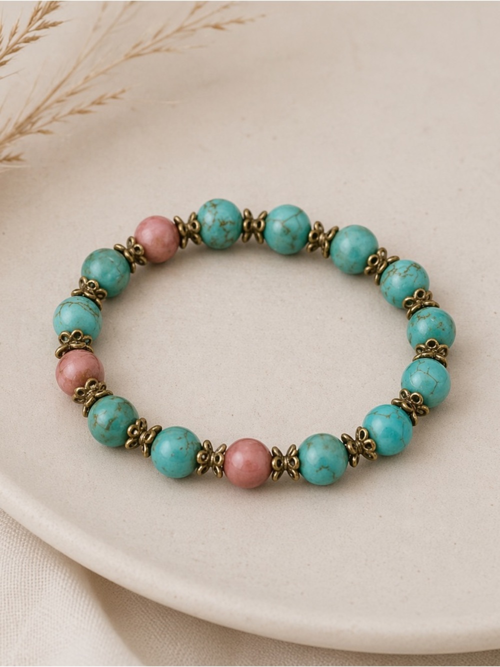 Bohemian turquoise hue and rose Beaded Bracelet